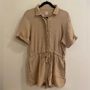 Tan Short Sleeve Button-Up Romper